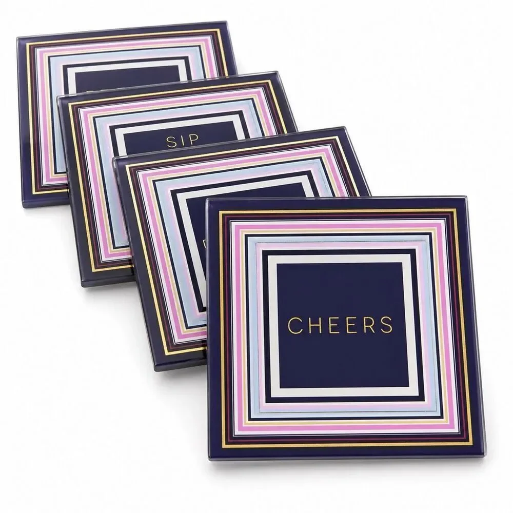Trina Turk Glass Coasters Set 4 Gold White Bar Cart Decor Hostess Gift NWT